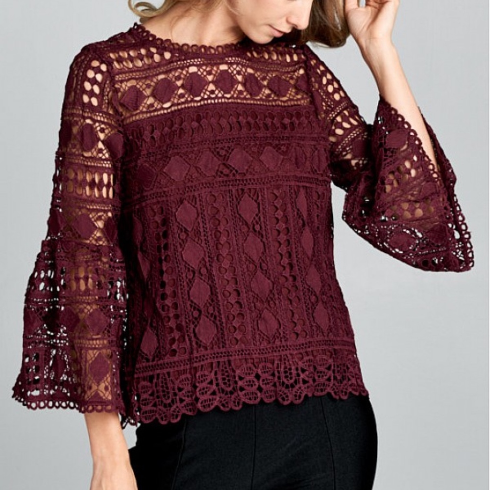 Last 1! NWT Burgundy Lace Top with Bell Sleeves - Picture 2 of 5